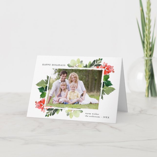 Elegant Watercolor Berries Greenery Frame Photo Holiday Card (Front)