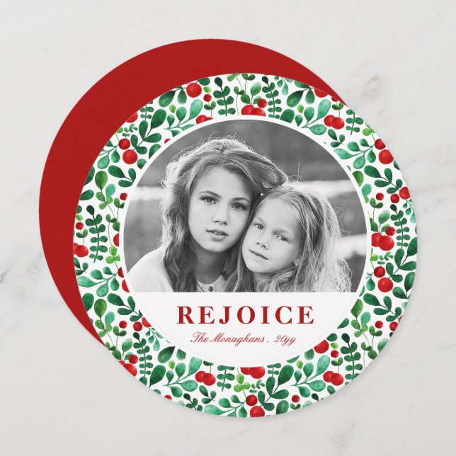 Elegant Watercolor Berries Red and Green  | Photo Holiday Card (Front/Back)
