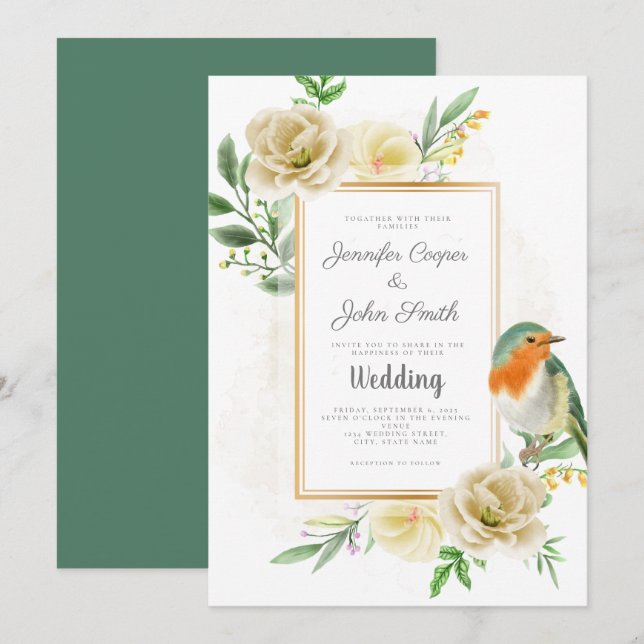 Elegant Watercolor Bird Floral Wedding  Invitation (Front/Back)