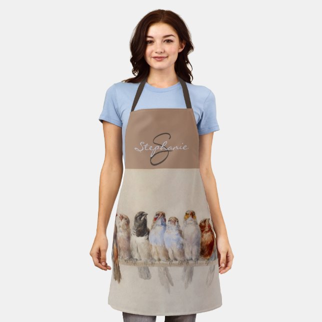 Elegant Watercolor Birds Monogram Custom Name Apron (Worn)