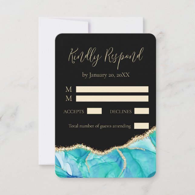 Elegant Watercolor Black Blue Glitter Wedding RSVP Card (Front)