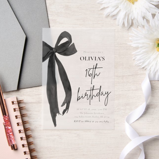 Elegant Watercolor Black Bow 16th Birthday Party Vellum Invitations (Wedding)