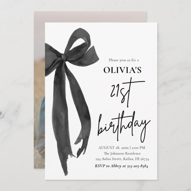 Elegant Watercolor Black Bow 21th Birthday Party Invitation (Front/Back)