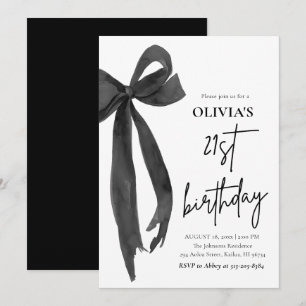 Elegant Watercolor Black Bow 21th Birthday Party Invitation