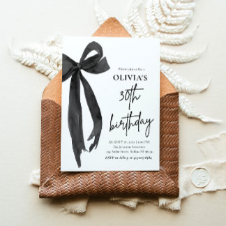 Elegant Watercolor Black Bow 30th Birthday Party Invitation