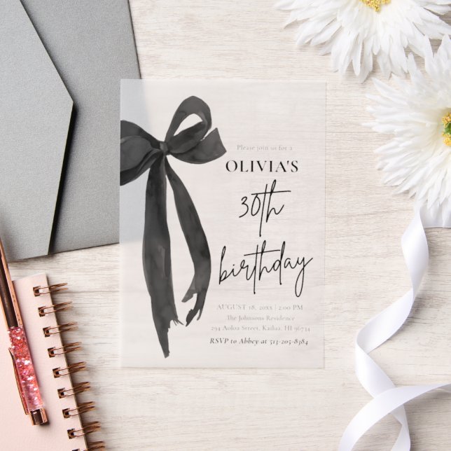 Elegant Watercolor Black Bow 30th Birthday Party Vellum Invitations (Wedding)