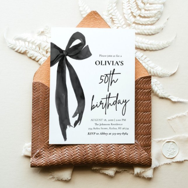 Elegant Watercolor Black Bow 50th Birthday Party Invitation (Watercolor Modern Elegant Coquette Black Bow Photo 50th Birthday Party Invitation)