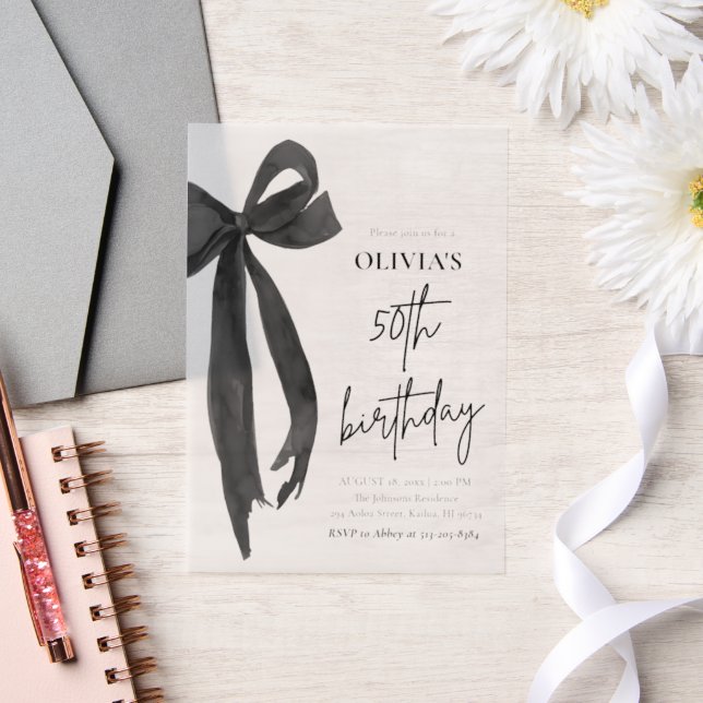 Elegant Watercolor Black Bow 50th Birthday Party Vellum Invitations (Wedding)