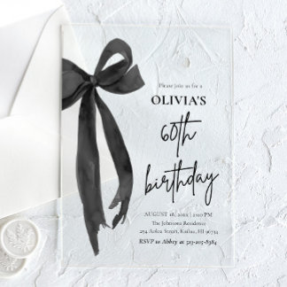 Elegant Watercolor Black Bow 60th Birthday Party Acrylic Invitations