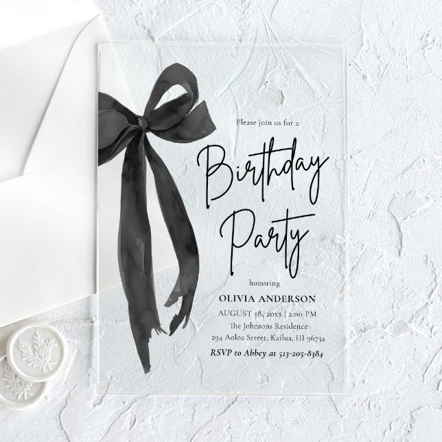 Elegant Watercolor Black Bow Birthday Party Acrylic Invitations (Creator Uploaded)