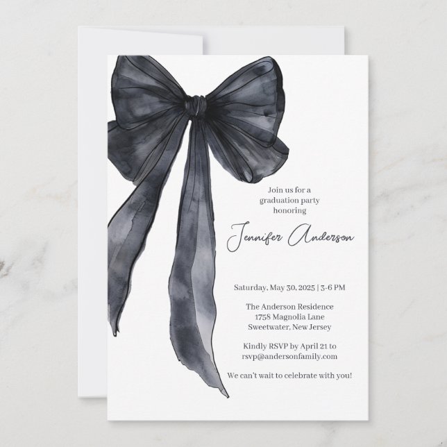 Elegant Watercolor Black Bow Graduation Party  Invitation (Front)
