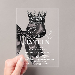 Elegant Watercolor Black Bow Sweet 16 Birthday  Acrylic Invitations