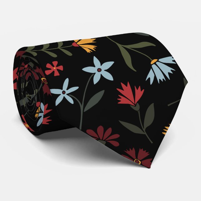Elegant Watercolor Black Floral Pattern Tie (Rolled)