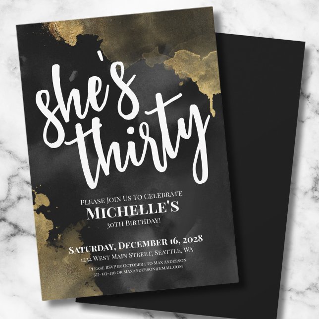 Elegant Watercolor Black Gold Birthday Invitation (Elegant Thirty Watercolor Black Gold 30th Birthday Invitation)
