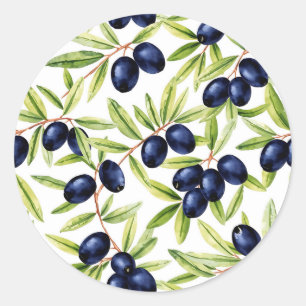 Elegant Watercolor Black Olives Seamless Pattern  Classic Round Sticker
