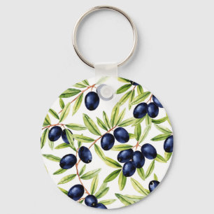 Elegant Watercolor Black Olives Seamless Pattern  Key Ring