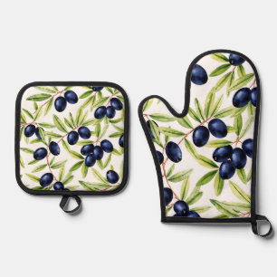 Elegant Watercolor Black Olives Seamless Pattern Oven Mitt & Pot Holder Set