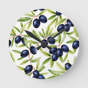 Elegant Watercolor Black Olives Seamless Pattern  Round Clock