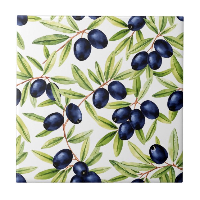 Elegant Watercolor Black Olives Seamless Pattern  Tile (Front)