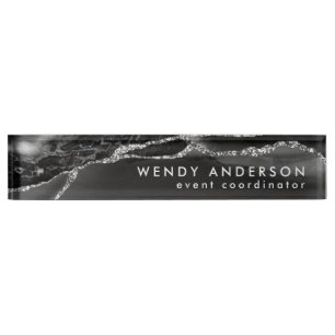 Elegant Watercolor Black Silver Glitter Agate Nameplate