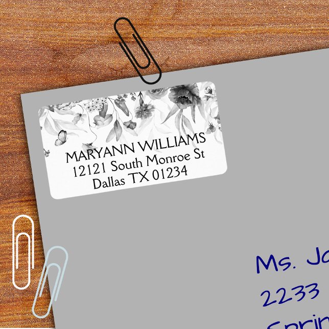 Elegant Watercolor Black White Floral Address Label (Creator Uploaded)