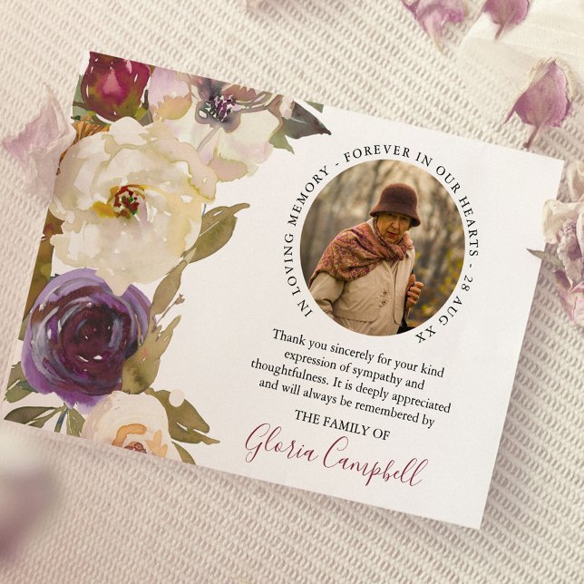 Elegant Watercolor Blooms Photo Sympathy | Funeral Thank You Card (Creator Uploaded)