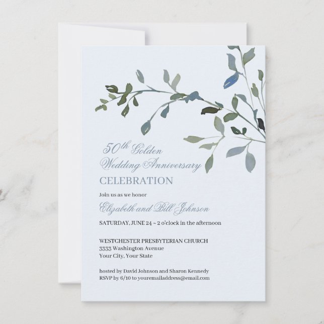 Elegant Watercolor Blue 50th Wedding Anniversary Invitation (Front)
