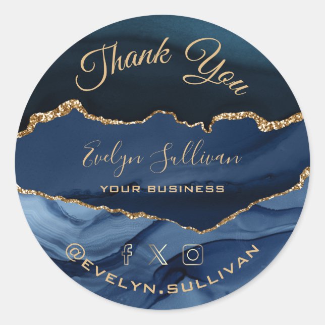 elegant watercolor blue agate Thank you Classic Round Sticker (Front)