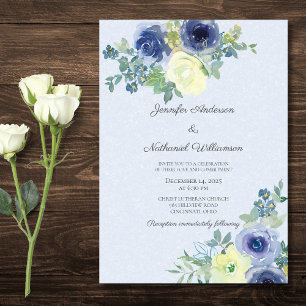 Elegant Watercolor Blue and Ivory Roses Wedding  Invitation