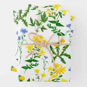 Elegant Watercolor Blue and Yellow Wildflowers Wrapping Paper Sheet