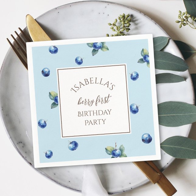 Elegant Watercolor Blue Berry First Birthday Party Napkin (Creator Uploaded)