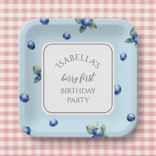 Elegant Watercolor Blue Berry First Birthday Party Paper Plate