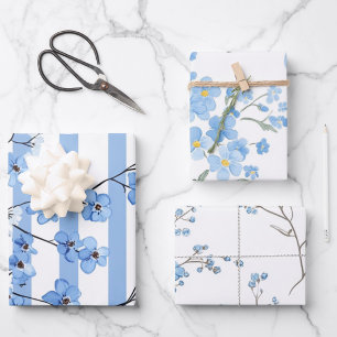 Elegant Watercolor Blue Blossoms Pattern Design Wrapping Paper Sheet