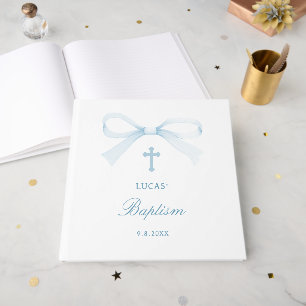 Elegant Watercolor Blue Bow Baptism Guest Book