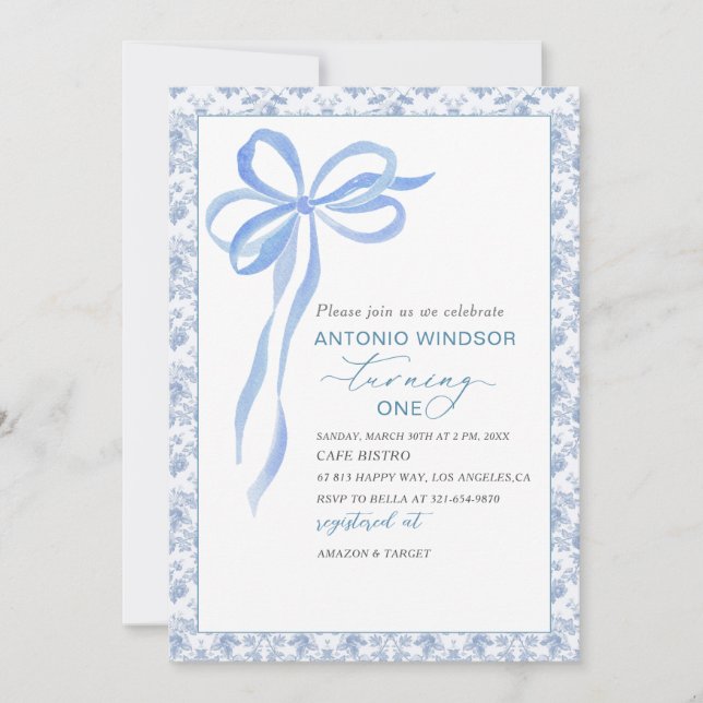 Elegant  Watercolor Blue Bow Boy Baby Shower Invitation (Front)