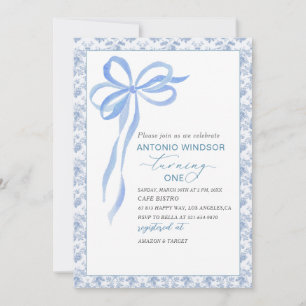 Elegant  Watercolor Blue Bow Boy Baby Shower Invitation