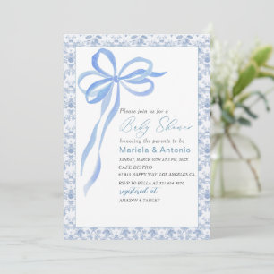 Elegant  Watercolor Blue Bow Boy Baby Shower Invitation