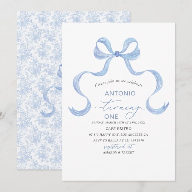 Elegant  Watercolor Blue Bow Boy Baby Shower Invitation (Front/Back)