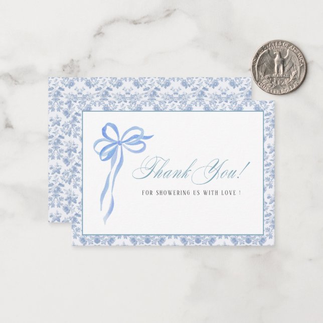 Elegant Watercolor Blue Bow ribbon  Baby shower Card (Front/Back In Situ)