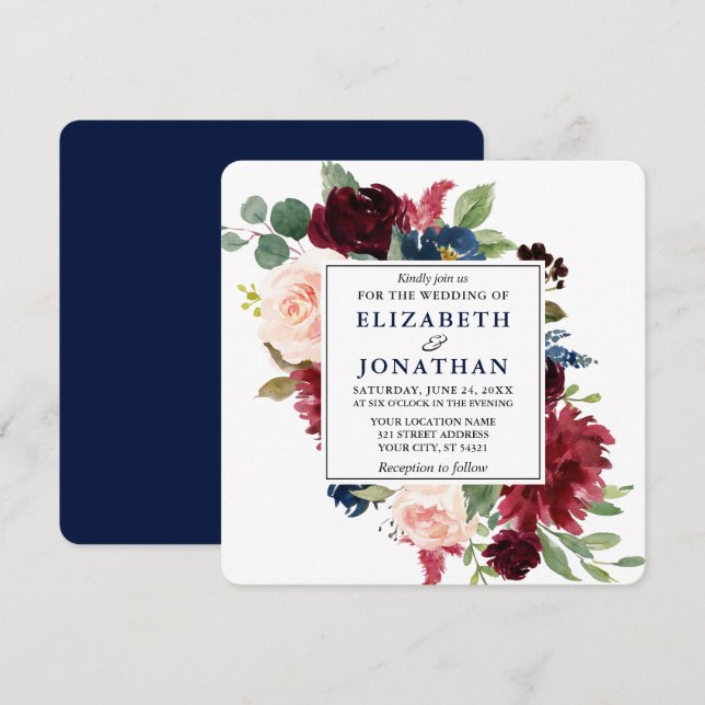 Elegant Watercolor Blue Burgundy Floral Wedding Sq Invitation (Front/Back)