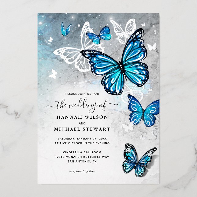 Elegant Watercolor Blue Butterfly Wedding Real (Front)