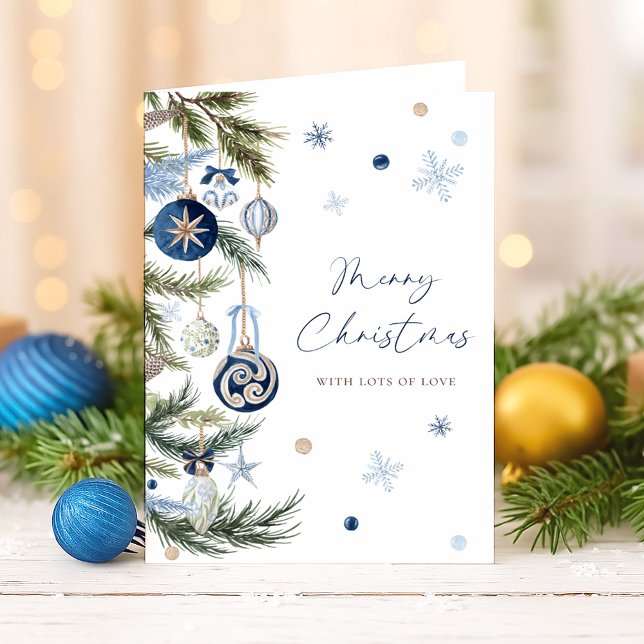 Elegant Watercolor Blue Christmas Ornament Photo Holiday Card (Creator Uploaded)