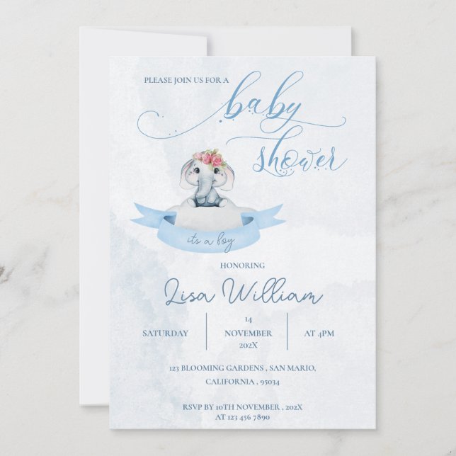 Elegant Watercolor Blue Cute Elephant Baby Shower  Invitation (Front)