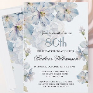 Elegant Watercolor Blue Floral 80th Birthday  Invitation