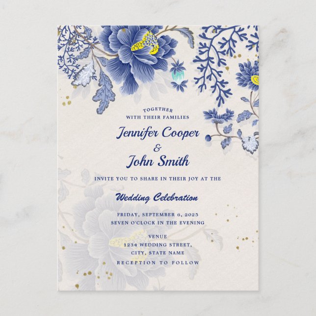 Elegant Watercolor Blue Floral Botanical Wedding  Postcard (Front)
