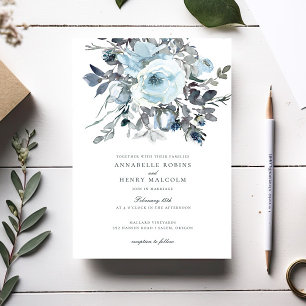 Elegant Watercolor Blue Floral Greenery Wedding Invitation