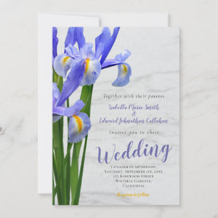 Elegant Watercolor Blue Floral & Marble Wedding Invitation