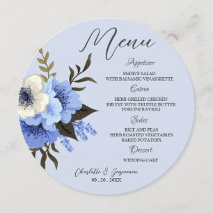 Elegant Watercolor Blue Floral Round Wedding Menu