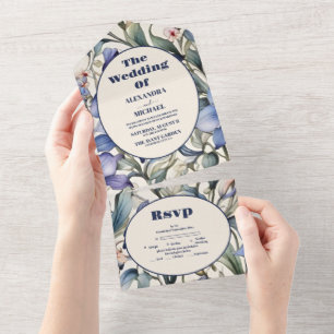 Elegant Watercolor Blue Floral Wedding All In One Invitation