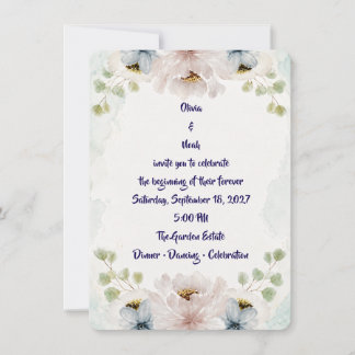 Elegant Watercolor Blue Floral Wedding Invitation 